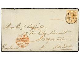 541 COSTA DE ORO. Sg.3. 1876. Envelope To LONDON, Franked With 1875 <B>6 D.</B> Orange, Wmk Crown CC, Perf. 12 1/2, Tied - Altri & Non Classificati