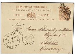 542 COSTA DE ORO. 1884 (Aug 27). <B>Addah</B>. <B>1½d.</B> Brown Stationery Card (Plate 1), Used To Stettin, Germany Can - Other & Unclassified