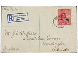 554 LEVANTE: CORREO INGLES. Sg.34. 1913. SMYRNA To ENGLAND. <B>24 Piastres</B> <B>on 5 Sh. </B>rose Red On Registered Co - Autres & Non Classés