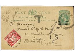 556 MALAYA. 1920. PENANG To ENGLAND. <B>2 Cents.</B> <B>on 1 Cts.</B> Green<B> </B>postal Stationary Card, Taxed On Arri - Other & Unclassified