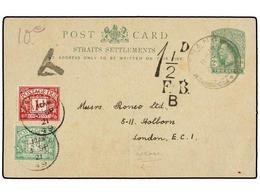 558 MALAYA. 1921. PENANG To LONDON. <B>2 Cts.</B> Green Postal Stationery Card, Taxed On Arrival With British <B>1/2 D.< - Other & Unclassified