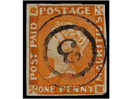 596 ° MAURICIO. Sg.6. 1868. <B>1 Penny</B> Vermilion Early Impression On Thin White Paper, Used With Concentric Circles  - Sonstige & Ohne Zuordnung