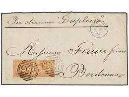 604 MAURICIO. Sg.61 (2). 1877. MAURITIUS To FRANCE. Envelope Franked With A Pair Of <B>3 P.</B> Orange Stamp By <B>B53</ - Other & Unclassified