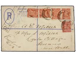 618 RODESIA-NYASSALAND. 1908. GWELO To ENGLAND. <B>4 D.</B> Registered Postal Stationary Envelope Uprated With Five Stam - Autres & Non Classés