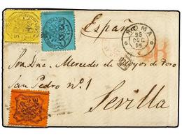 663 ITALIA ANTIGUOS ESTADOS: ESTADOS PONTIFICIOS. 1869. ROMA A SEVILLA (España). <B>5 Cts.</B> Azul, <B>10 Cts.</B> Nara - Autres & Non Classés