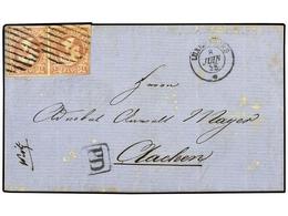 690 LUXEMBURGO. 1852. Pair Of <B>1 Sgr</B>. Brick-red, Strong Colour, Tied To <B>1858</B> Cover To AACHEN (bs) With Tran - Altri & Non Classificati