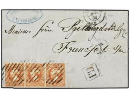 691 LUXEMBURGO. 1854. <B>1 Sgr. </B>red-brown, Fresh Strip Of Three, Clear To Large Margins, Tied By Ovals Of<B> NINE BA - Other & Unclassified