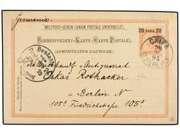 760 PALESTINA. 1895 (May 29). <B>20pa. On 5kr.</B> Rose On Buff Postal Stationery Card (Michel P10) Used To BERLIN Tied  - Andere & Zonder Classificatie