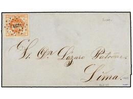 774 PERU. Sc.8. 1859. JAUJA A LIMA.<B> 1 Peseta</B> Rojo, Mat. Círculo De Puntos<B> JAUJA</B> En Azul. MAGNÍFICA. - Autres & Non Classés