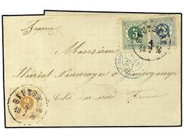 879 SUECIA. 1876. Entire Letter To FRANCE Bearing Finr Three Colour Franking Of 1872 <B>3 O.</B> Bistre, <B>5 O.</B> Gre - Andere & Zonder Classificatie