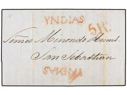 898 VENEZUELA. 1851 (8 Mayo). LA GUAYRA (Venezuela) A S. SEBASTIÁN (España). Marca <B>YNDIAS</B> En Rojo De Santander, E - Sonstige & Ohne Zuordnung