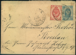 1889, 7 Op Stationery Envelope Uprated With 3Kop Arms To Breslau, Germany - Ganzsachen