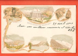 HCA-01 RARE Litho Souvenir De Martigny, Multivues, Circulé Sous Enveloppe En 1900,Précurseur. Ed. Dreyfus-Fama - Martigny