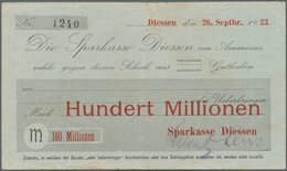 Deutschland - Notgeld - Bayern: Diessen, Sparkasse, 100 Mio. Mark, 26.9.1923, Gedruckter Eigenscheck - [11] Local Banknote Issues