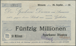 Deutschland - Notgeld - Bayern: Diessen, Sparkasse, 50 Mio. Mark, 26.9.1923, Gedruckter Eigenscheck, - [11] Local Banknote Issues