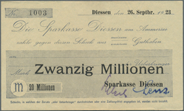 Deutschland - Notgeld - Bayern: Diessen, Sparkasse, 20 Mio. Mark, 26.9.1923, Gedruckter Eigenscheck, - Lokale Ausgaben