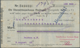 Deutschland - Notgeld - Württemberg: Buchau, Trikotfabrik Hermann Moos, 100 Tsd. Mark, 3.8.1923, 8.8 - Lokale Ausgaben