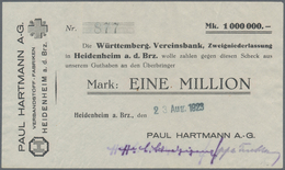 Deutschland - Notgeld - Württemberg: Heidenheim, Paul Hartmann AG, 2 X 1 Mio. Mark, O. D. (blanko), - Lokale Ausgaben