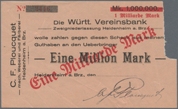 Deutschland - Notgeld - Württemberg: Heidenheim, C. F. Plouquet, 1, 2 Mio., 1 Mrd. Mark Überdruck Au - [11] Local Banknote Issues