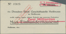 Deutschland - Notgeld - Württemberg: Heilbronn, Dresdner Bank, 3 Mrd. Mark, Überdruck Auf 100 Tsd. M - [11] Emissions Locales