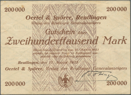 Deutschland - Notgeld - Württemberg: Reutlingen, Oertel & Spörer, Reutlinger Generalanzeiger, 200 Ts - Lokale Ausgaben