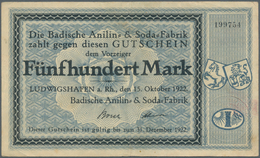 Deutschland - Notgeld - Pfalz: Ludwigshafen, BASF, 6 X 500 Mark, 15.10.1922, Einlösungsfrist Vorders - Lokale Ausgaben