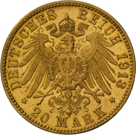 Württemberg: Wilhelm II. 1891-1918: 20 Mark 1913 F, Seltenster Jahrgang, Jaeger 296, Gewicht 7,95 G, - Taler Et Doppeltaler