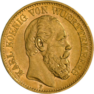 Württemberg: Karl 1864-1891: 10 Mark 1877 F, Jaeger 292, 3,96 G, 900/1000 Gold. Kratzer, Sonst Fast - Goldmünzen
