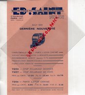 75- PARIS- RARE PUBLICITE ED. SAINT- FOURNITURES AUTO MOTO- AUTOMOBILE- 17 RUE GUYOT- AOUT 1931- VOYANT STOP ECLAIRAGE - Werbung