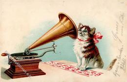 Katze Grammophon Lithographie 1906 I-II Chat - Katten