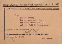 Weimarer Republik Einbeck (3352) Stimm Ausweis Für Die Reichstagswahl I-II - History