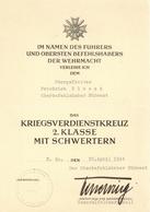 Verleihungsurkunde Kriegsverdienstkreuz 2. Klasse Mit Schwertern I-II - War 1939-45