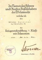 Verleihungsurkunde Kriegsverdienstkreuz II. Klasse Mit Schwertern Mit Orig. Unterschrift Schörner, Ferdinand Generalfeld - War 1939-45