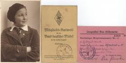 WK II Dokumente - BDM-Mitgliedsausweis Mit Lichtbild Und Beitragsmarken + Vorläufiger JUNGMÄDEL-Ausweis 1934 + BDM-Foto- - War 1939-45