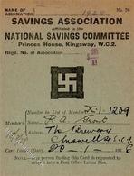 WK II Dokumente - Klappkarte NATIONAL SAVINGS COMMITTEE KINGSWAY 1928 - Mit Hakenkreuz-Beitragsmarken!! I-II - Guerra 1939-45