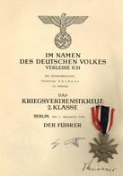 WK II Orden MILITARIA - KRIEGSVERDIENSTKREUZ 2.KLASSE Mit Verleihungsurkunde 1.9.1944 I-II" - Oorlog 1939-45