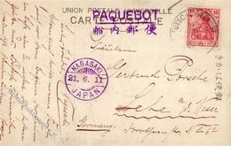 Schiffspost PAQUEBOT", Viol. L2, Sowie "DSP OST-ASIATISCHE LINIE 20 6 (11)", Sowie DB NAGASAKI 21.6.11", Sw AK (Japaneri - Oorlog