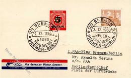 Flugpost, 1950, 1. Postflug BREMEN 2.12.1950 - BERLIN", 2 Berlin-Marken Auf PAA-Erstflugbief" - Flieger