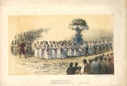 Schützenfest Frankfurt (6000) Blumenbouquet Von Mädchen Und Knaben Geleitet Ca. 1862 Litho 35 X 23,5 Cm Verlag Heinrich  - Waffenschiessen