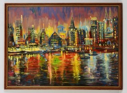 B Nagy Tibor Zoltán (1965-): Metropolis Fényei. Olaj, Farost, Jelzett, Keretben, 50×70 Cm - Other & Unclassified