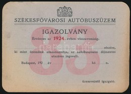 1924 Bp., Székesf?városi Autóbuszüzem által Kiadott Igazolvány, Használatlan - Unclassified