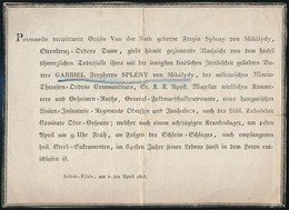 1818 Báró Splényi Gábor (1734-1818) Altábornagy Német Nyelv? Gyászjelentése, Hátoldalán Dédunokája, Jekelfalussy Zoltán  - Unclassified