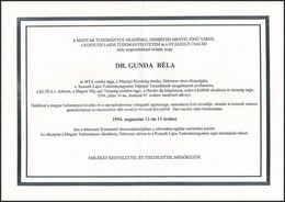 1994 Dr. Gunda Béla (1911-1994) Néprajztudós, MTA Tag, Néprajzi Bizottság Elnöke, Debrecen Díszpolgára, Egyetemi Tanár H - Unclassified