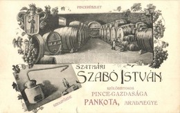 T3 Pankota, Pancota; Szatmári Szabó István Sz?l?birtokos Pincegazdasága Reklámlapja, Pince Bels?, Hordók, Szeszf?zde. Há - Non Classificati