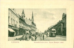 T2/T3 Újvidék, Novi Sad; Kossuth Lajos Utca, üzletek, Villamos. W. L. Bp. 6350. / Street View, Shops, Tram (EK) - Unclassified