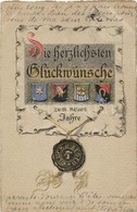 T2 'Die Herzlichsten Glückwünsche Zum Neuen Jahre' / New Year, Humorous Coat Of Arms With Pig, Clover, Horseshoe, Emb.,  - Non Classificati