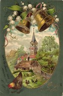 T2/T3 Húsvéti üdvözlet! / Easter Greeting Card With Chicken, Bells, Church. Emb. Golden Decorated Litho (EK) - Unclassified
