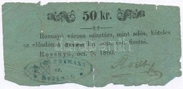 Rozsnyó 1860. 50kr 'Rozsnyó Városa Pénztára, Mint Adós' T:III-,IV
Adamo ROZ-3.3.2 - Unclassified