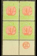 POSTAGE DUES 1913 - 23 1s Scarlet And Pale Yellow Green, SG D85, Bottom Margin Block Of 4 Showing The JBC Mongram, Very  - Sonstige & Ohne Zuordnung