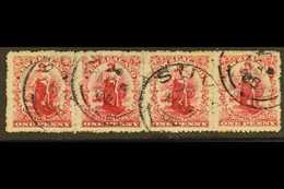 NEW ZEALAND USED IN. NZ 1901 1d Carmine "Universal" STRIP OF FOUR Each Cancelled By SUVA 23 Mar 1908 Cds. Most Unusual ( - Fiji (...-1970)
